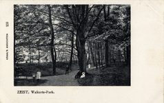 16239 Gezicht in een wandelpad met loofbomen in het Walkartpark te Zeist.